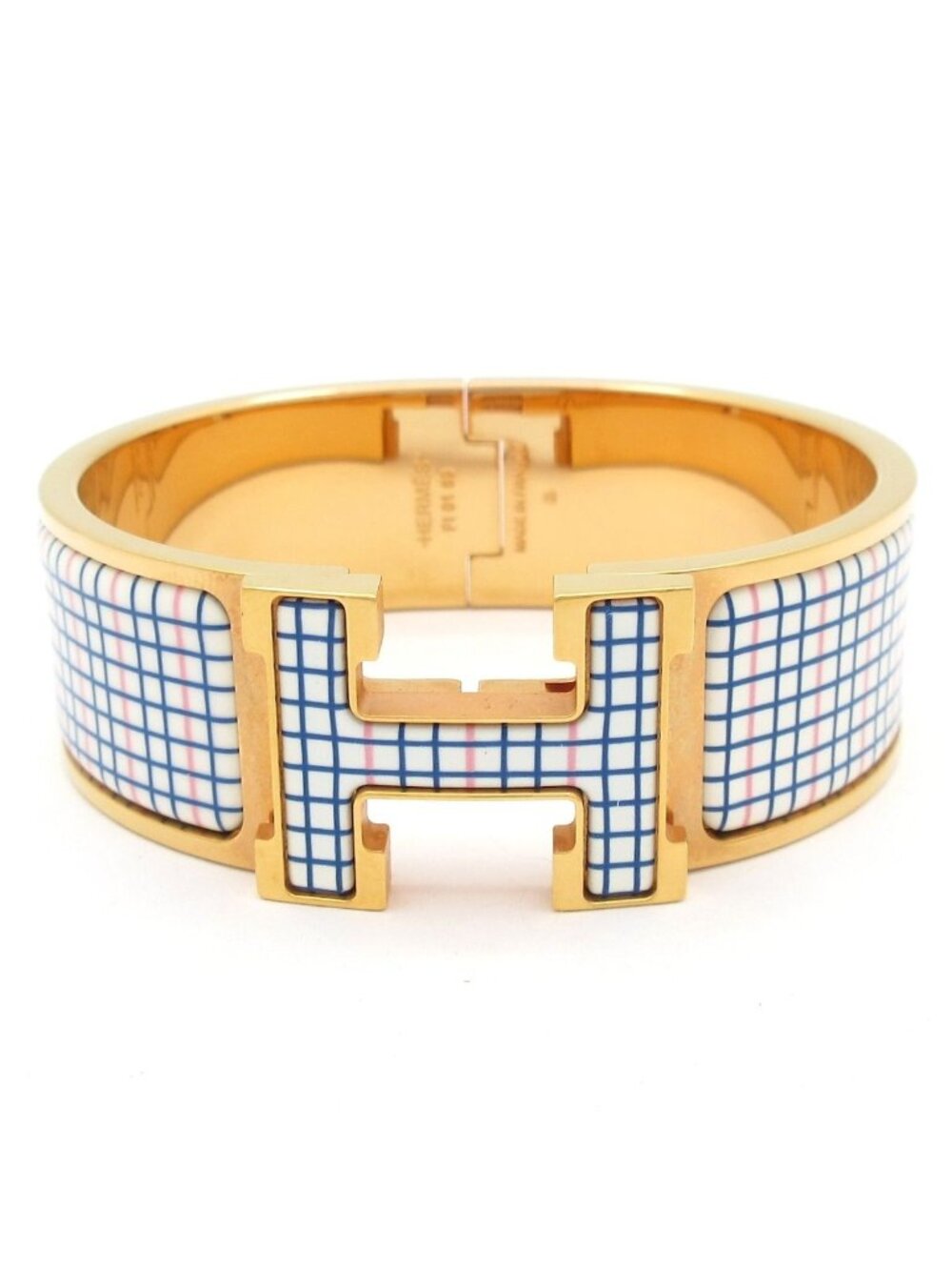 Hermes Bangle Clic Clac H Pink Gold White Multi Plaid Pattern Bracelet